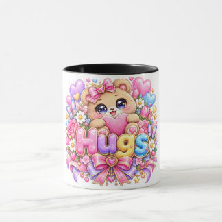 かわいいハグテディベアパステルピンクの花柄ラブ マグカップ