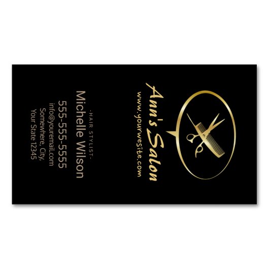 かわいいハサミ櫛のロゴメイクアップ美しいヘアサロン マグネット名刺 (正面)