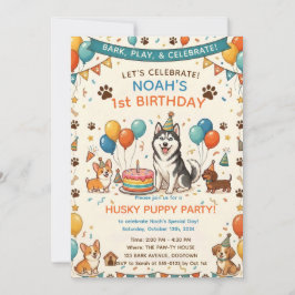 かわいいハスキーと犬の友達の誕生日 招待状