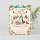 かわいいハスキーと犬の友達の誕生日 招待状 (スタンド正面)