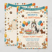 かわいいハスキーと犬の友達の誕生日 招待状 (正面/裏面)
