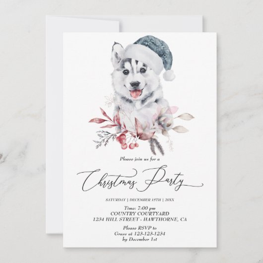 かわいいハスキーの子犬のクリスマスパーティー冬 招待状 (正面)