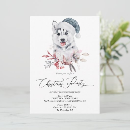 かわいいハスキーの子犬のクリスマスパーティー冬 招待状 (スタンド正面)