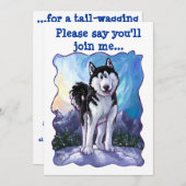 かわいいハスキーをテーマにした誕生日パーティー 招待状 (正面/裏面)