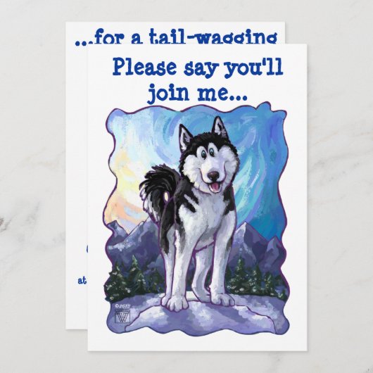 かわいいハスキーをテーマにした誕生日パーティー 招待状 (正面/裏面)
