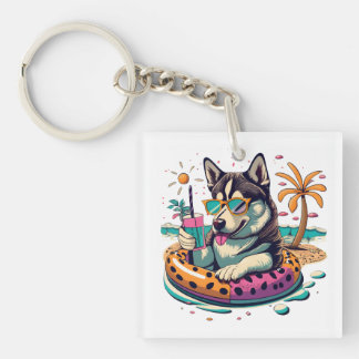 かわいいハスキークール犬をプールで夏のおもしろい キーホルダー