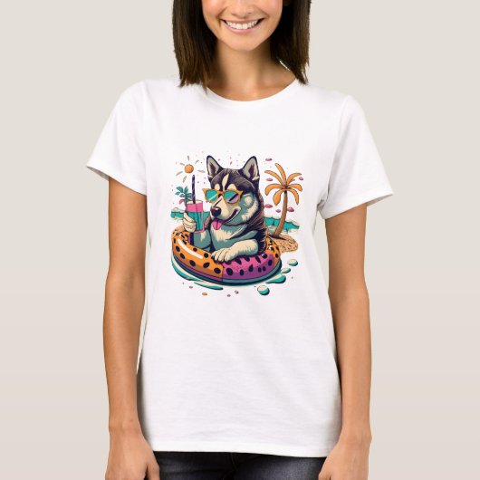 かわいいハスキークール犬をプールで夏のおもしろい Tシャツ (正面)