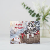 かわいいハスキー子犬のハスキクリスマスホリデー シーズンポストカード (スタンド正面)