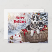 かわいいハスキー子犬のハスキクリスマスホリデー シーズンポストカード (正面/裏面)