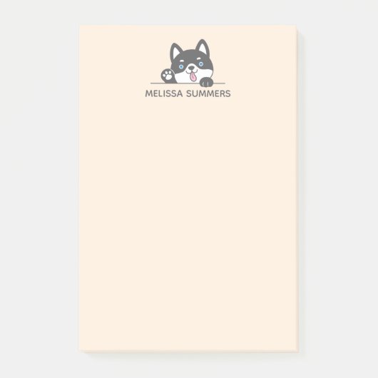 かわいいハスキー犬が上から覗く名前をカスタムする ポストイット (正面)