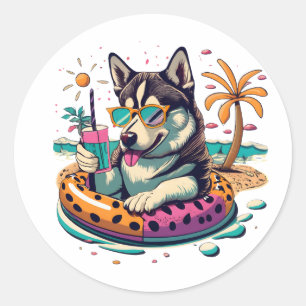 かわいいハスキー犬との夏のプール遊び ラウンドシール