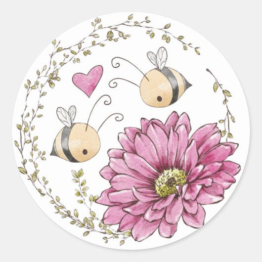 かわいいハチとハートの花のステッカー ラウンドシール (正面)