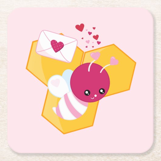 かわいいハチとピンクバレンタインハート スクエアペーパーコースター (正面)