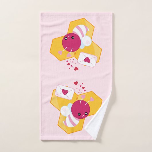 かわいいハチとピンクバレンタインハート バスタオルセット (ハンドタオル)