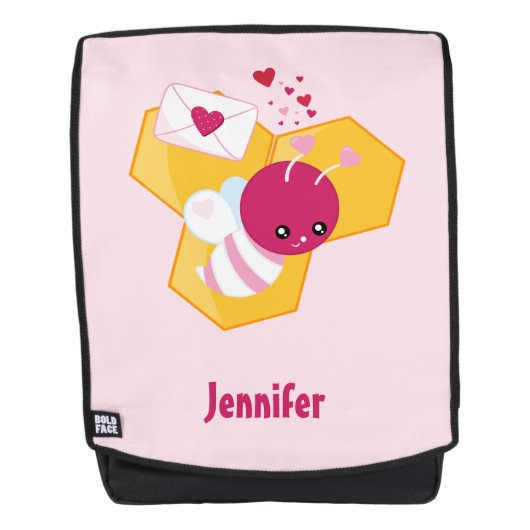 かわいいハチとピンクバレンタインハート バックパック (正面)