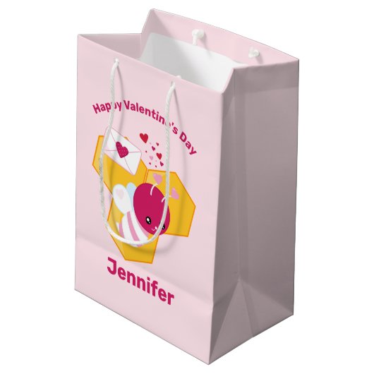 かわいいハチとピンクバレンタインハート ミディアムペーパーバッグ (裏面アングル)