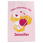 かわいいハチとピンクバレンタインハート ミディアムペーパーバッグ (正面)