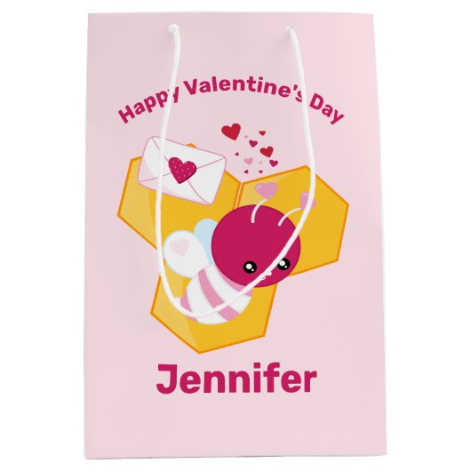 かわいいハチとピンクバレンタインハート ミディアムペーパーバッグ (正面)