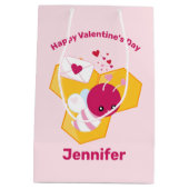 かわいいハチとピンクバレンタインハート ミディアムペーパーバッグ (裏面)