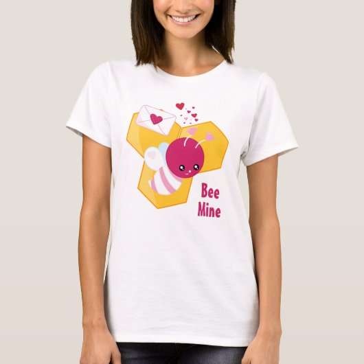 かわいいハチとピンクバレンタインハート Tシャツ (正面)