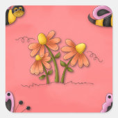 かわいいハチとフラワーピンク春園 スクエアシール (正面)