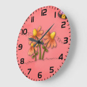 かわいいハチとフラワーピンク春園 ラージ壁時計 (傾斜)