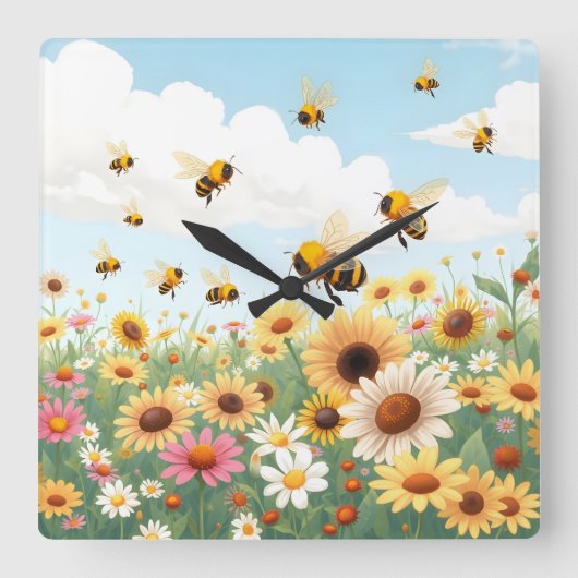 かわいいハチと花のイラストレーション スクエア壁時計 (正面)