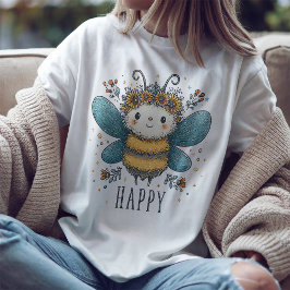 かわいいハチのハッピーウォータカラーフラワーのTシャツ Tシャツ