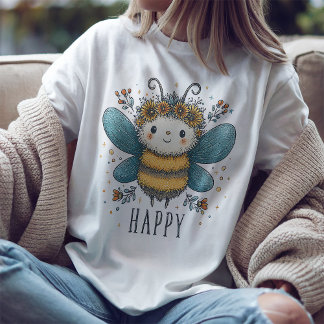 かわいいハチのハッピーウォータカラーフラワーのTシャツ Tシャツ