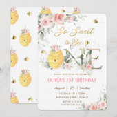 かわいいハチのピンクの花の1歳の誕生日 招待状 (正面/裏面)