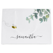 かわいいハチのモノグラム　ユーカリのグリーン　ホワイト ラージペーパーバッグ (正面)