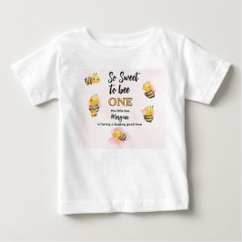 かわいいハチのワンピンクブラック1歳誕生日パーティー ベビーTシャツ