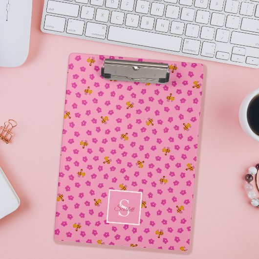 かわいいハチの花パターンモノグラム名ピンク クリップボード