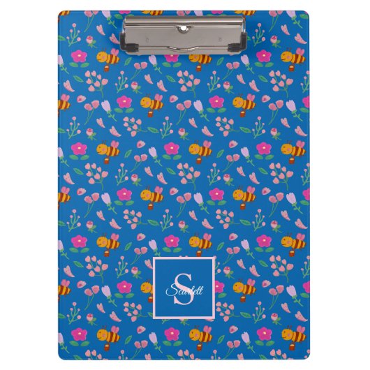 かわいいハチの花パターンモノグラム名ブルー クリップボード (正面)