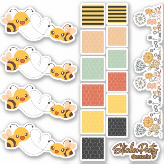 かわいいハチの花&ハニカムステッカーセット シール (正面)