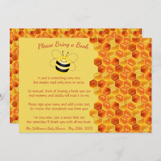 かわいいハチをテーマにした赤ちゃんシャワーで本を持ってくる 招待状 (正面/裏面)