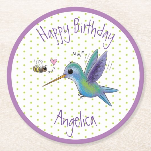 かわいいハチドリと蜂の漫画イラストレーション ラウンドペーパーコースター (正面)