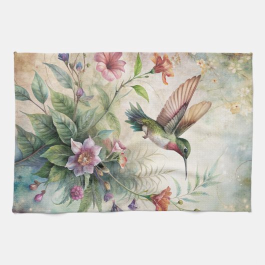 かわいいハチドリの花 キッチンタオル (横)