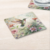 かわいいハチドリの花 スクエアペーパーコースター (アングル)