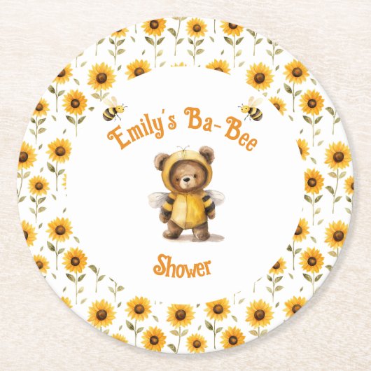 かわいいハチミツベアーバビーシャワー ラウンドペーパーコースター (正面)