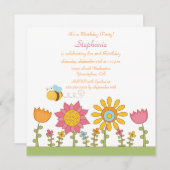 かわいいハチ飛んでいるの花の誕生日パーティーの招待 招待状 (正面/裏面)