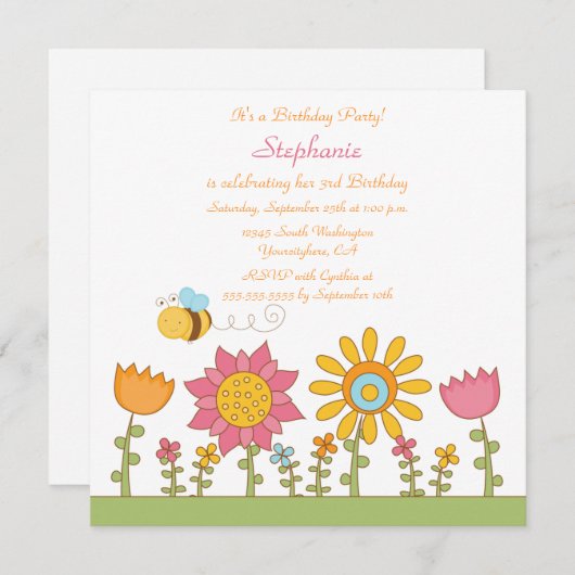 かわいいハチ飛んでいるの花の誕生日パーティーの招待 招待状 (正面/裏面)