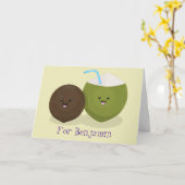 かわいいハッピーかわいいココナッツ漫画イラストレーション カード (黄色い花)