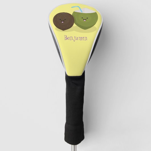 かわいいハッピーかわいいココナッツ漫画イラストレーション ゴルフヘッドカバー (正面)