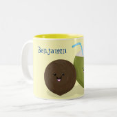 かわいいハッピーかわいいココナッツ漫画イラストレーション ツートーンマグカップ (正面左)