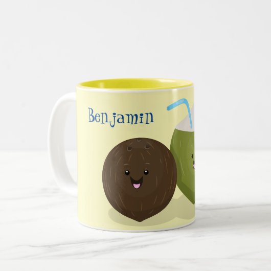 かわいいハッピーかわいいココナッツ漫画イラストレーション ツートーンマグカップ (正面左)