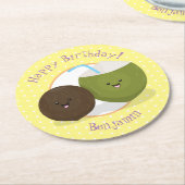 かわいいハッピーかわいいココナッツ漫画イラストレーション ラウンドペーパーコースター (アングル)