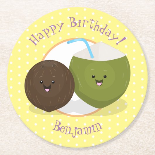 かわいいハッピーかわいいココナッツ漫画イラストレーション ラウンドペーパーコースター (正面)