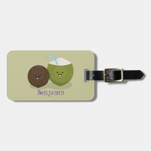 かわいいハッピーかわいいココナッツ漫画イラストレーション ラゲッジタグ (正面横)