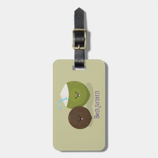 かわいいハッピーかわいいココナッツ漫画イラストレーション ラゲッジタグ (正面縦)